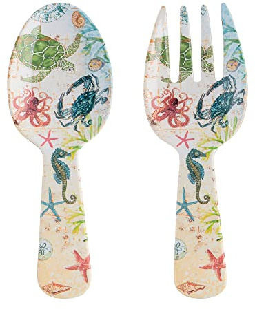 UPware Sea Life Melamine Salad Servers, Serving Utensil Set, Includes Serving Fork and Spoon for Tossing Salad, Multicolor, 10.75 Inch, Set of 2