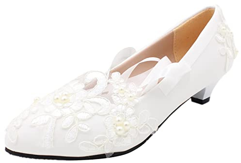Jamron Mujer Elegante Encaje Bordado 3CM Tacón Blanco Zapatos de Novia con Perlas SN070427 EU39.5