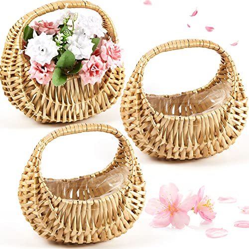 Taiyin 3 Pack Rattan Flower Girl Basket Half Moon Straw Wicker Basket with Handle 6.7 x 6.5 x 4.3 Ideal for Wedding Flower Girl, Picnic, Garden Storage and Home Decor (Nature)