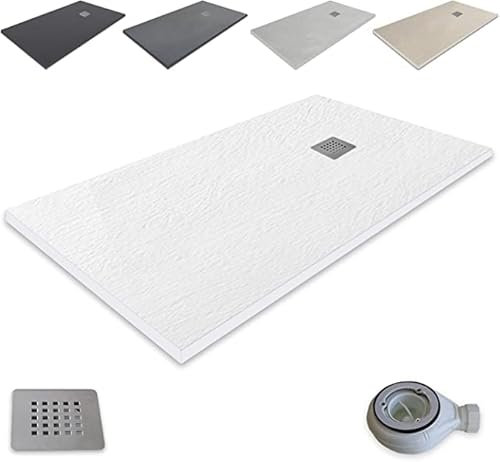 Plato de Ducha de Resina Extraplano outletaseo – Todas las Medidas Disponibles – Textura Pizarra Antideslizante – Incluye Válvula de Desagüe + Rejilla (70x80, Blanco RAL 9003)