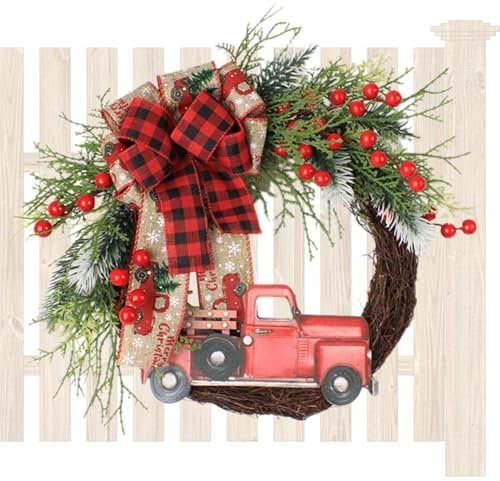Weihnachtskranz Für Die Haustür – Weihnachts Cottage Kränze – Vintage LKW Bauernhaus – Kreativer Künstlicher Haustür Mit Schleife – Winter Weihnachtsgirlanden Dekoration