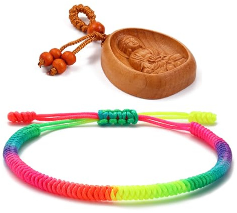 LUCKY BUDDHIST Bracciale Tibetano Buddista Regolabile – Bracciale in Corda Intrecciata per Uomo e Donna – Include Portachiavi Buddha in Legno
