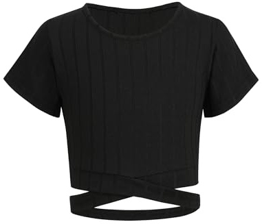Arshiner Filles T-Shirts Courte Crop Top Enfants Croix Croisée Révèle la Taille Manches Courtes Mode Été Tee Tops Col Rond Shirt Casual Élégant Tshirts pour Fille 11-12 Ans Noir