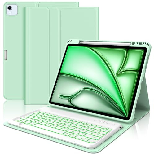 Tangentbord för iPad Air 13 M4 2026/M3/M2 2025/2024 upplyst, gräsgrön | Fodral med tangentbord för iPad Pro 12.9 6/5/4/3 generationens tangentbord QWERTZ layout Bluetooth magnetisk avtagbar