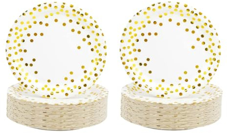 CEILIWEN Lot de 100 assiettes en carton blanc et doré, assiettes en carton à pois de 17,8 cm, assiettes de fête en carton (assiettes blanches et dorées)
