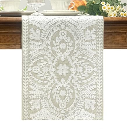 KEVA Boho Table Runner 72inches Long, Farmhouse Linen Table Runner, Rustic Vintage Natural Embroidered Table Runners 13x72 Inch for Dining Table Decorations