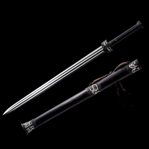 KWXPW Chinesisches Schwert im Traditionellen Schmiedeverfahren,Scheide aus Natürlichem Ebenholz,Klinge aus Musterstahl,Handgefertigtes Gerades Schwert zum Ausstellen,Wohndekor,Sammeln,Geschenke