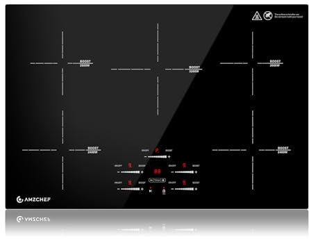 AMZCHEF plaque à induction 80cm, Plaque de cuisson à induction 5 zones avec booster et 9 niveaux, fonction pause, maintien au chaud, contrôle du curseur, minuterie, verrou de sécurité, 9500W