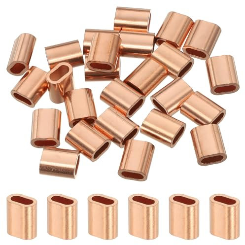 sourcing map 1/8(2.5mm) Wire Rope Stop Sleeve, Copper Crimping Loops Sleeve Oval Crimp Ferrules for Wire Rope and Cable Ferrule, Gold 25Pcs