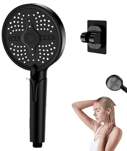 Pommeau de Douche Anti Calcaire, 2025 Nouveau Pommeau de Douche Haute Pression (⌀130mm) Douchette Salle de Bain à Effet Pluie avec 5 Types de Jets Avec Support Sans Perforation (1PCS Noir)
