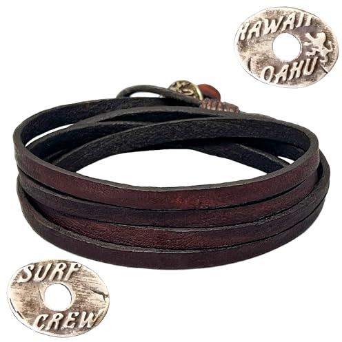LOCAL LEAGUE Bracciale in pelle SURF CREW HAWAII per uomo e donna – in vera pelle, regolabile fino a 95 cm, fatto a mano in Europa (Marrone scuro)