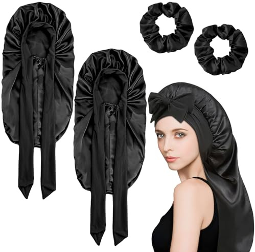 LOLANIUT Lot de 2 Bonnet Satin Cheveux Nuit et 2 Bandeau pour Cheveux Gros intestin, Dormir Bonnet Satin Cheveux Nuits, Bonnets en Soie pour Cheveux Nuits, Bonnets de Nuit en soies