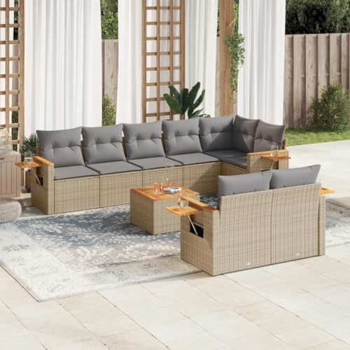 GeenYuu 9-TLG - Juego de sofá de jardín con cojines de ratán gris, resistente a la intemperie, juego de muebles con mesa y grupo de asientos de ratán, madera, metal para balcón, terraza, jardín