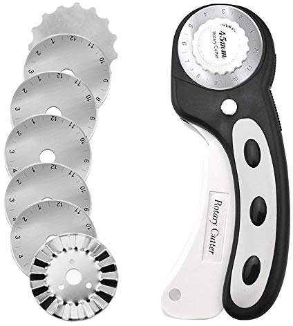 Cutter rotatif 45 mm avec 7 lames de rechange, poignée ergonomique avec verrouillage de sécurité pour tissu, cuir, papier, travaux manuels, couture, courtepointe, noir