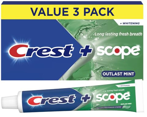 Crest Plus Scope Outlast Fresh Toothpaste, Fluoride Anticavity and Whitening Toothpaste with Scope Mouthwash for Long Lasting Fresh Breath, Outlast Mint, 5.4 oz (Pack of 3)