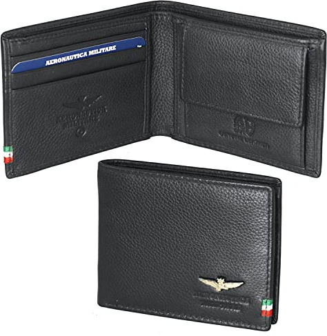 Aeronautica Militare LineaFlag Portafoglio piccolo in pelle con portamonete AM 101 Nero 10,5x8,5x2 cm
