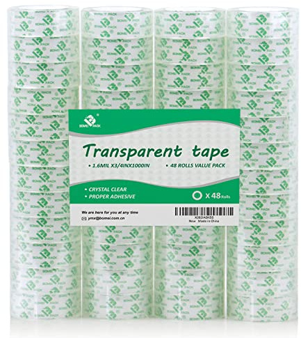 BOMEI PACK 48 Rolls Crystal Clear Transparent Tape, Stationery Tape Refills Rolls for Dispenser, 3/4 in x 1000 in,1 inch Core, Gift Wrapping Tape for Office, School and Home