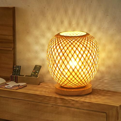 GUANSHAN Bambusweblaterne Tischlampe Nachttischlampe Ländlicher Stil Kleines Nachtlicht Dekoratives Licht Tischbeleuchtung Bambusweberei Schreibtischlampenschirm für Schlafzimmer