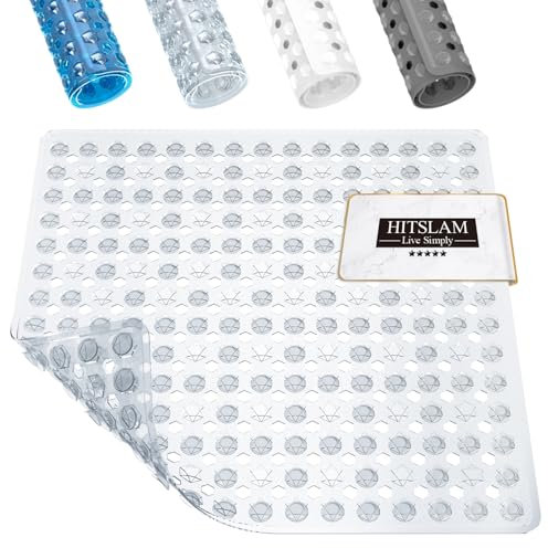 HITSLAM Shower Mat Non Slip Anti Mould, Bath Mat Anti Slip With Suction Cups and Drain Holes, Square Shower Mat for Inside Shower 53 x 53cm, Machine Washable Bath Mat for Tub, Clear