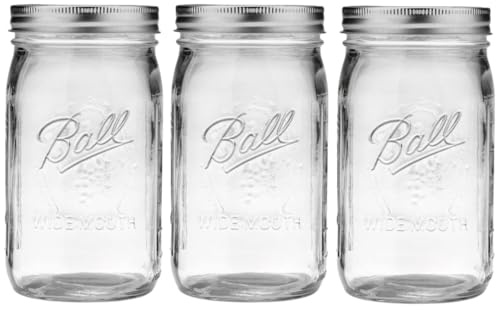 Ball Wide Mouth Glass Mason Jars with Lids and Bands, Used for Canning, Pickling, Juice, Jam, Jelly, Quart Size 32 Ounce (Pack of 3)