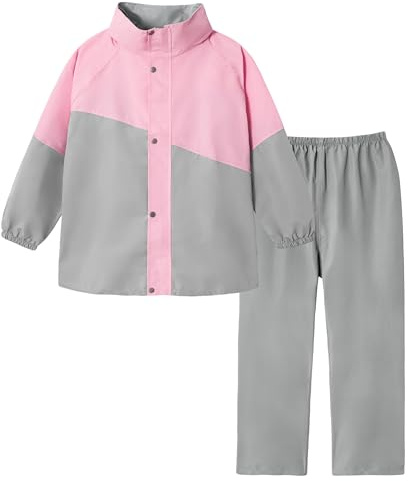 Volunboy Enfants Imperméable à Capuche Boutons Manteau Veste de Pluie et Pantalon Combinaison pour Fille Garçon(8-9 ans,Gris Rose,XL)