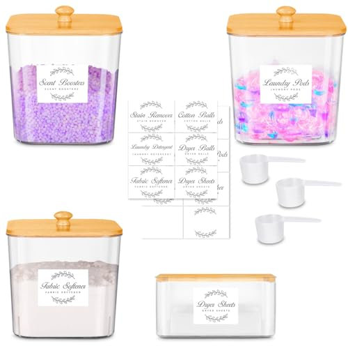 3+1 Pack Laundry Pods Container and Dryer Sheet Holder Set with Bamboo Lid and 16 Labels, Laundry Containers, Clear Laundry Room Organization Containers for Washing Pods, Powder, Scent Booster