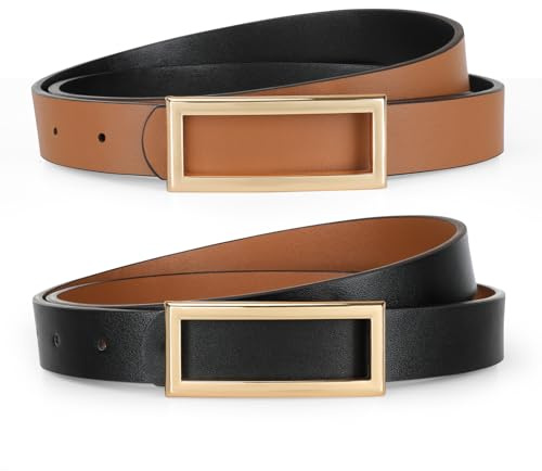 VONMELLI Skinny Reversible Belts for Women, Ladies Thin Belt for Dresses Jeans Pants with Gold Buckle Black/Brown Fits Waist Size 31-36”