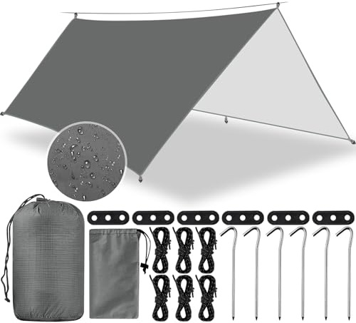 AMCHLEL 3x3M Camping Bâche, Tarp Bivouac Anti UV, Ripstop, Kit de Bâche Imperméable avec Oeillets, 6 Piquets en alu, 6 Cordes, pour Bivouac, Randonnée, Trekking, Hamac, Auvent Van Fourgon, Extérieur