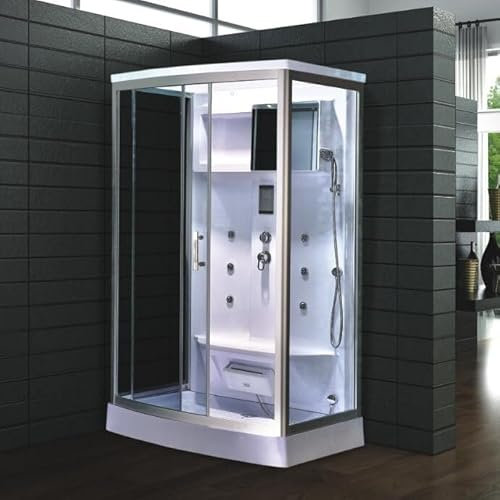 Dampfdusche Denver 120x90 cm mit 6 Massagedüsen, Regenfalldusche, Sternenhimmel, integriertem Sitz und 2,8 kW Dampfgenerator – luxuriöse Duschkabine mit Radio, Ozondesinfektion und LED-Beleuchtung