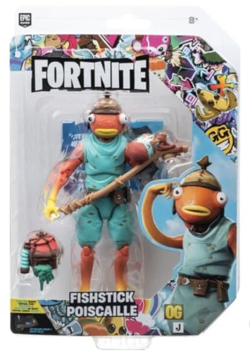 Fortnite Legendary Fishstick - Figura articulada de 6 Pulgadas con Herramienta de Cosecha, Brillo Trasero y código para artículo Virtual Adicional
