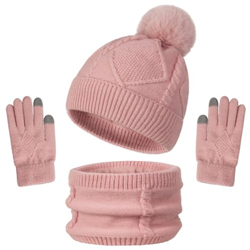 Enwokran 3-in-1 Winter Beanie Hat Scarf Gloves Set, Thermal Elastic Thicken Warm Brushed Inner Lining Knit Pom Bobble Cap Neck Warmer Touchscreen Gloves for Winter Cold Weather (Pink)