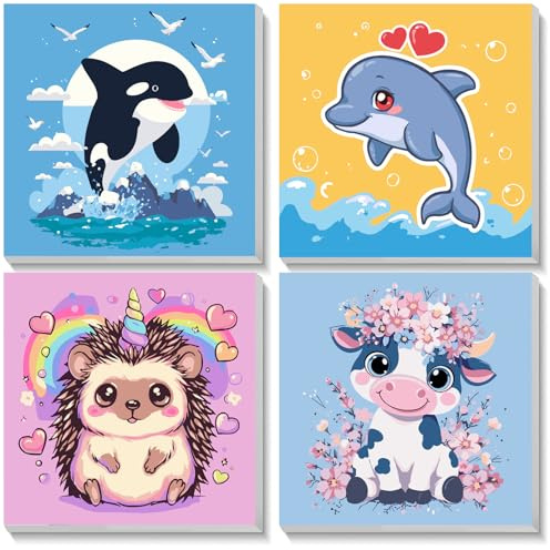 NEWENMO 4-pack Måla efter Nummer Djur med Ram, Orka Delfin Igelkotta Ko Mönster på Canvas, Måla efter Nummer-set, DIY Akryl-oljemålning för Hemdekoration 20x20cm