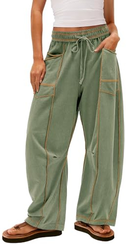Yanekop Womens Baggy Wide Leg Pants Casual Fall Trousers Palazzo Pants Drawstring Waist Lounge Pants with Pocket(Dusty Green,L)