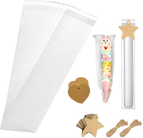 Set di 200 sacchetti di cellophane in cellophane OPP con 200 etichette in carta kraft e spago per candele, caramelle, biscotti, confezioni per matrimoni, feste, San Valentino, 5 x 30 cm