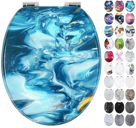Fanmitrk WC Sitz mit Absenkautomatik, Hochwertiger Toilettendeckel Stabil und Wackelt Nicht, MDF Holzkern Klodeckel, Einfache Montage Toilettensitz, viele Schöne Motive (Blaue Fluid-Art)