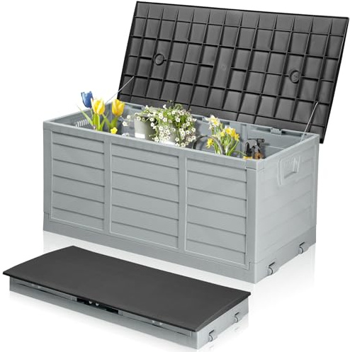 Outopee Foldable Garden Storage Box, 280L Outdoor Plastic Utility Chest Organiser with Strapped Lid, Weather Resistant, Portable, Ideal for Garden, Patio, Balcony, Decking, Grey&Black