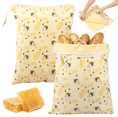 2 pezzi sacchetti per il pane in cera d'api 43cm×33cm, sacchetti riutilizzabili per il pane per mantenere fresco con cerniera a L e manico, sacchetti salvafreschezza per pane, sacchetti di cera d'api