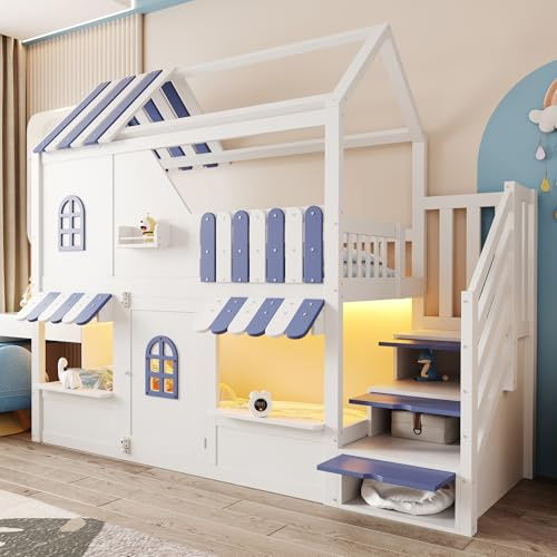 YuQozii Letto a castello per bambini, 90 x 200 cm, design a forma di casa, con finestre, tetto, sporgenza del tetto, ringhiera e porta, con scala di stoccaggio, illuminazione a LED e scaffali, letto a