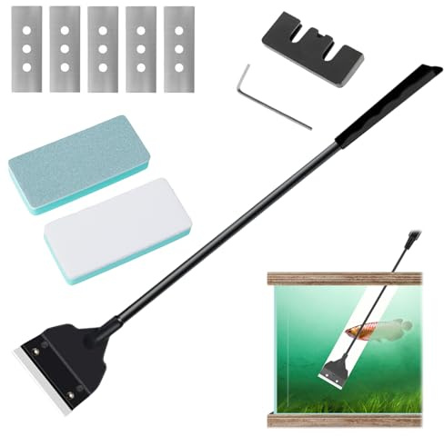 Hocklliy 8pcs Algae Scraper Fish Tank, Fish Tank Glass Cleaner, 65cm Detachable Handle with 5 Replacement Blades 2 Sponges, Scraper Kit for Aquarium Gravel Cleaning