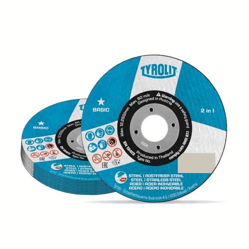 TYROLIT BASIC 2in1 Super-Thin Cut-Off Wheels for Steel & Stainless Steel, Angle Grinder Discs, 115mm Metal Cutting Discs, 115 x 1.6 x 22.23 mm, 25-Pack