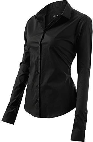 FLY HAWK Bluse Hemdbluse Damen Hemd Basic Kent-Kragen Elegant OL Work Slim Fit Langarm Stretch Formelle Hemden,Schwarz, Größe 50, Hersteller - 22