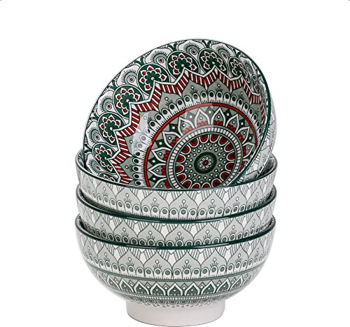 vancasso serie Mandala Juego de 4 Cuencos para Cereales Desayuno Tazon Porcelana para Sopa/Ramen/Consome 650ML, 15cm Pintado a mano Verde