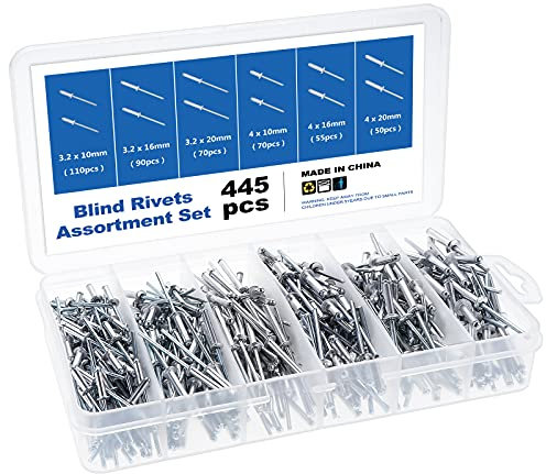 Gueenky 445 Piezas Remaches Aluminio, 3,2/4 mm Remaches Ciegos Remaches Pop Caja Remaches Aluminio, 6 Tamaños Surtido Remaches Aluminio para Metal Madera Plástico