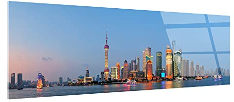 DECLINA - Quadro in plexi con foto panoramica di città di Shanghai, cornice portafoto in plexiglas, stampa su vetro acrilico