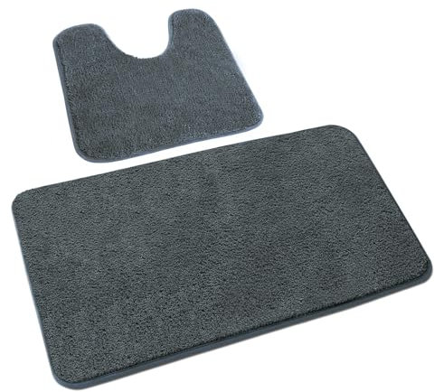 Rururug 2-Piece Bathroom Rug Set, Soft Microfibre Bathroom Mat and Toilet Rug with Cut-Out, Non-Slip Bath Mat, Washable, Grey, 50 x 80 cm + 50 x 40 cm