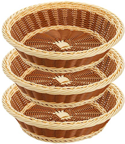 Yarlung 3 Pack Poly-Wicker Woven Breads Baskets, 11.5 Inch/29cm Round Fruit Baskets Stackable Food Serving Holder Imitation Rattan Basket for Kitchen, Restaurant, Outdoor, Brown & Beige
