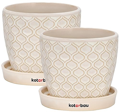 KOTARBAU® 2 x Macetas de cerámica esmaltada, Ø 12cm, Tiesto decorativo para plantas, Macetero con plato redondo para Interiores, Minimalista, Crema, Beige, Macetas elegantes, estilo clásico, Maceteros