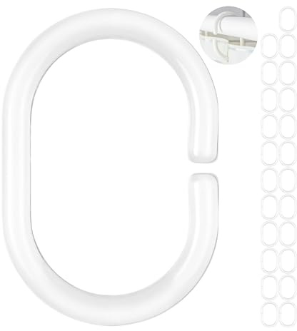 Anelli Tenda Doccia, 24 pezzi, in Bianco, Diametro Interno 49 x 29 mm, per Bastoni Tende Doccia, Robusti Anelli Tende di Plastica, Ganci per Tende, Anelli di Plastica per Tende Doccia, gancio C-ring