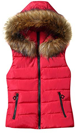 YMING Ladies Winter Gilet High Neck Vest with Hood Down Padded Quilted Gilet Red XXL