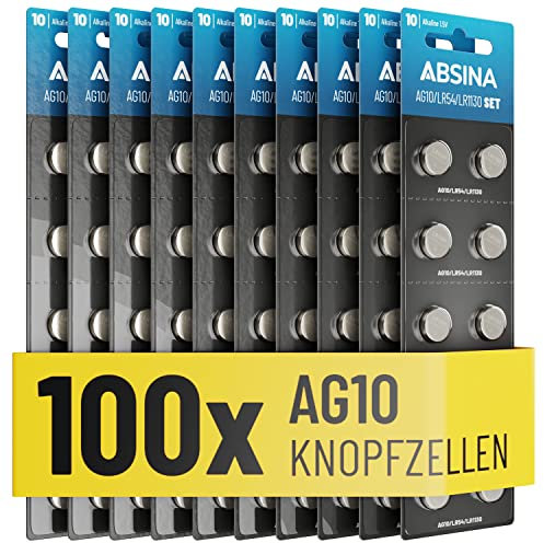 AG10 LR1130 Knopfzelle 100er Pack - 1,5V Alkaline Knopfzellen auslaufsicher & mit langer Haltbarkeit - LR54 / V10GA / RW49 / G10A / 189 / GP189 / L1130 / 89A - Knopfbatterien Batterien Batterie ABSINA